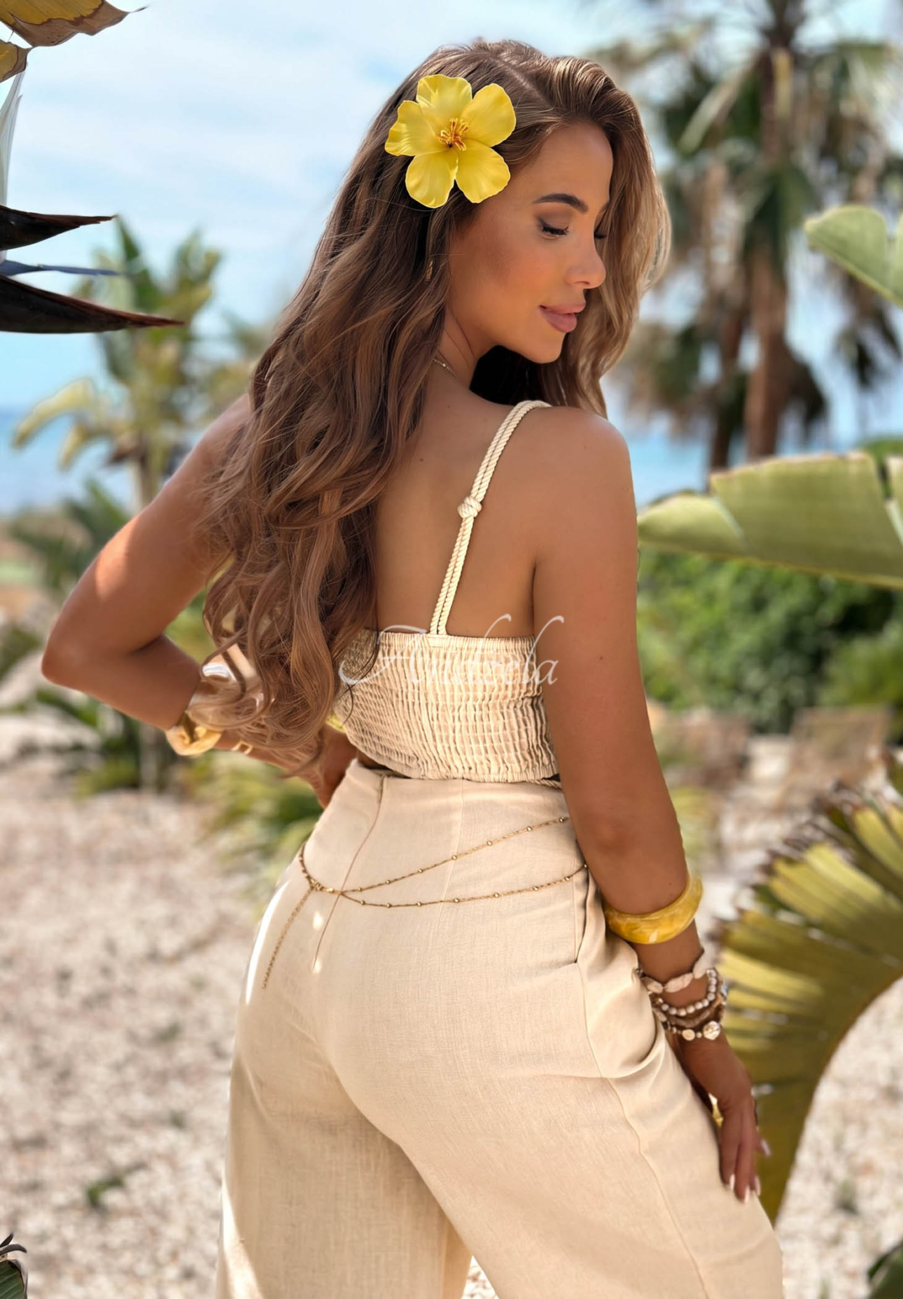 Set cu Top  și pantaloni wide leg cu aplicație împletită Palm Mirage