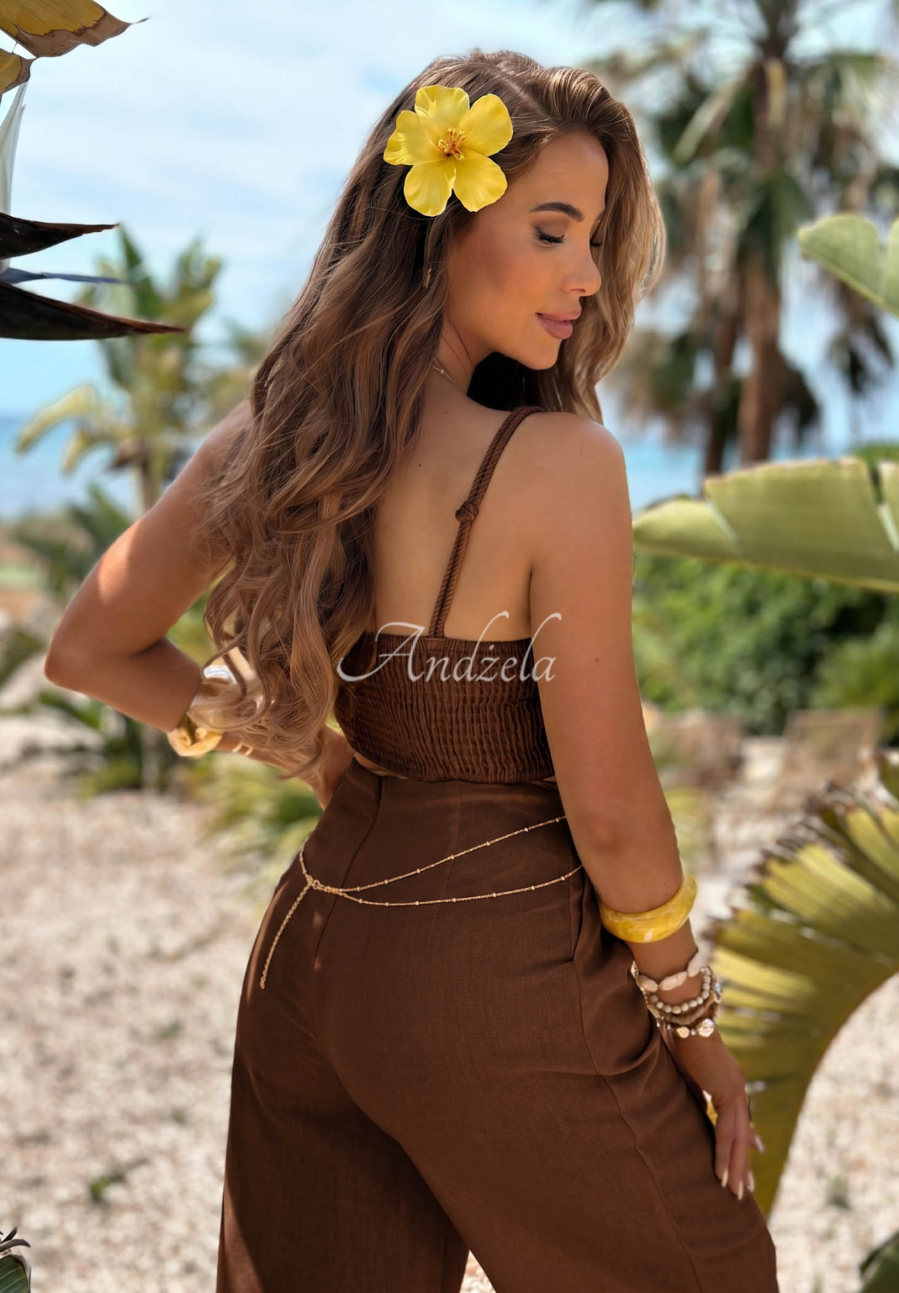 Set cu Top  și pantaloni wide leg cu aplicație împletită Palm Mirage
