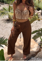 Compleu haftowany Top  i Pantaloni wide leg Palm Mirage ciocolatiu