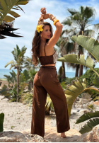 Compleu haftowany Top  i Pantaloni wide leg Palm Mirage ciocolatiu
