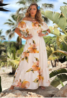 Kwiecista Rochie Cu croială spaniolă maxi z falbankami Florissa fucsia