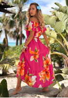 Kwiecista Rochie Cu croială spaniolă maxi z falbankami Florissa fucsia