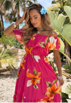 Kwiecista Rochie Cu croială spaniolă maxi z falbankami Florissa fucsia