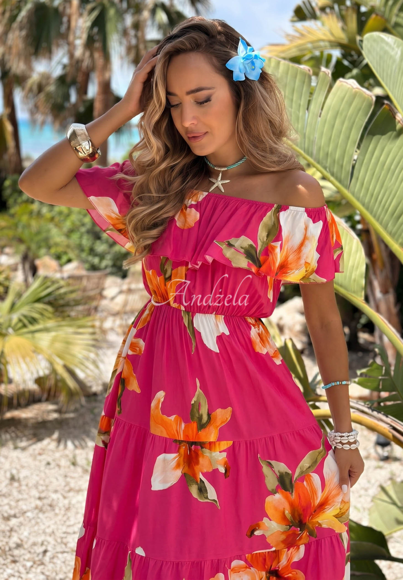 Rochie maxi spaniolă din viscoză cu flori și volănașe Florissa