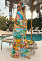 Wzorzysty Compleu Cămașă i Pantaloni wide leg Aloha Paradise biało-galbene