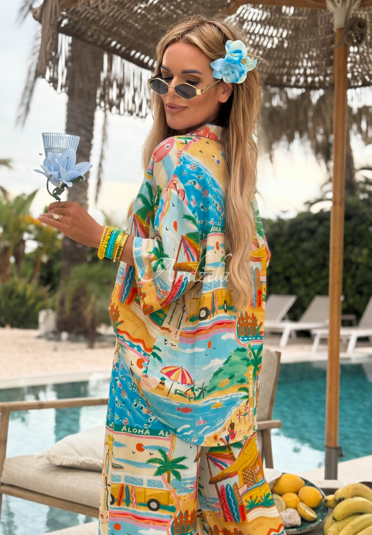 Set cu imprimeu format din cămașă și pantaloni wide leg cu bumbac și in Aloha Paradise
