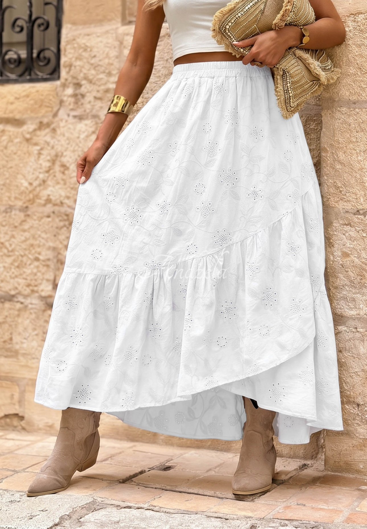 Fustă ajurată din bumbac cu volănașe boho Riviera Daydream