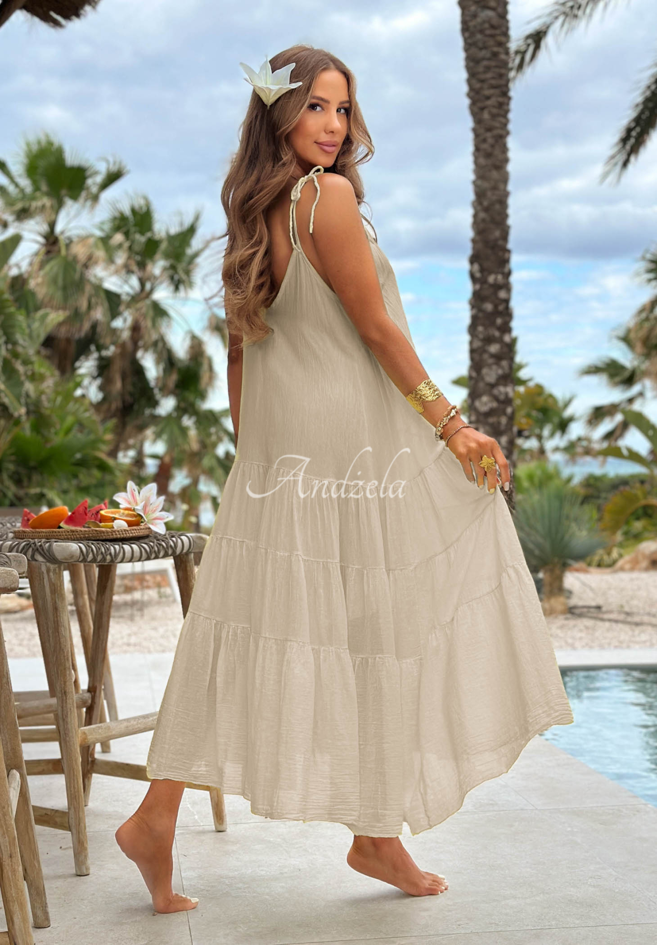 Rochie aerisită din bumbac pe bretele cu volănașe Hot Waves