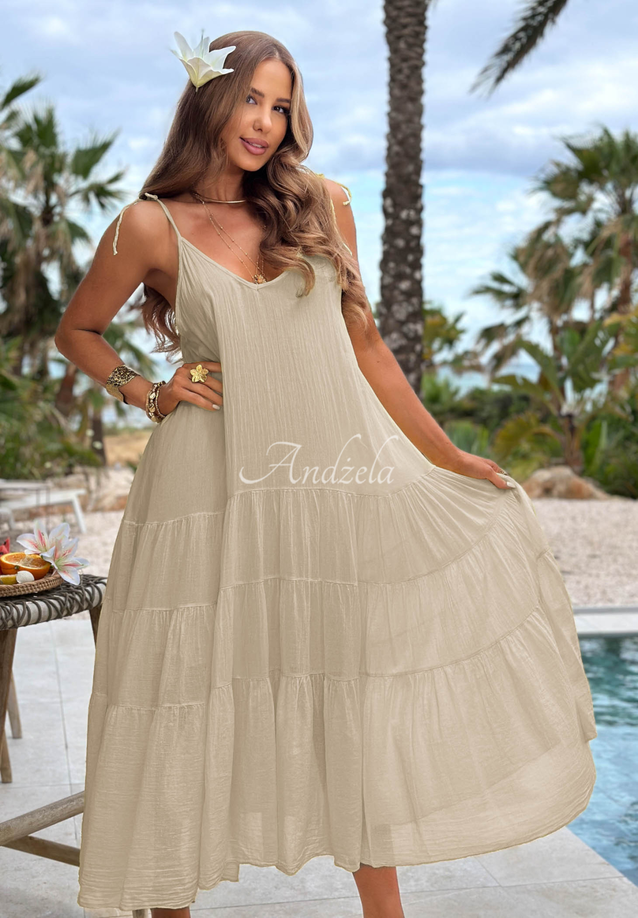Rochie aerisită din bumbac pe bretele cu volănașe Hot Waves