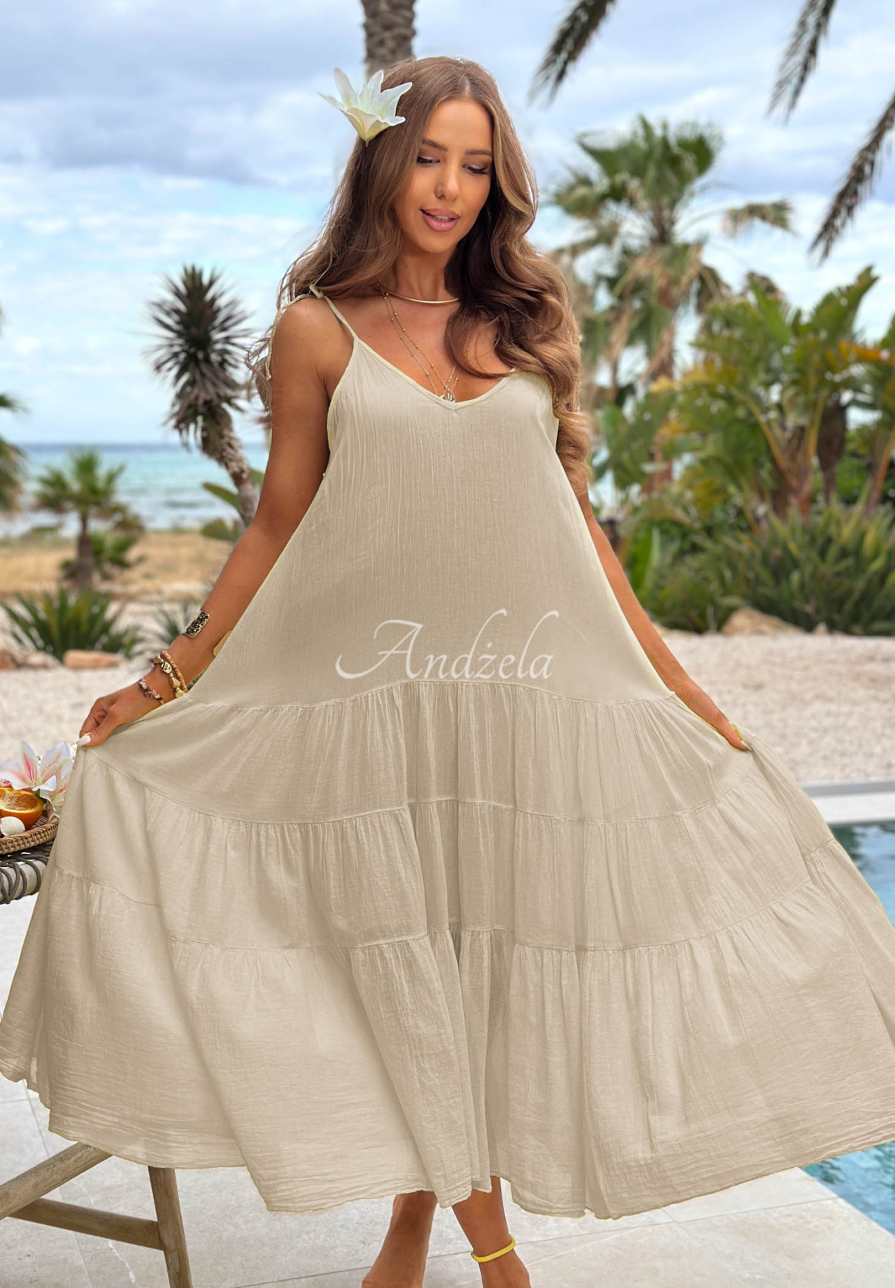 Rochie aerisită din bumbac pe bretele cu volănașe Hot Waves