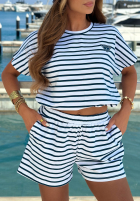 Bawełniany Compleu Bluză i Șorturi w paski Sunny Stripes Set biało-bluemarin