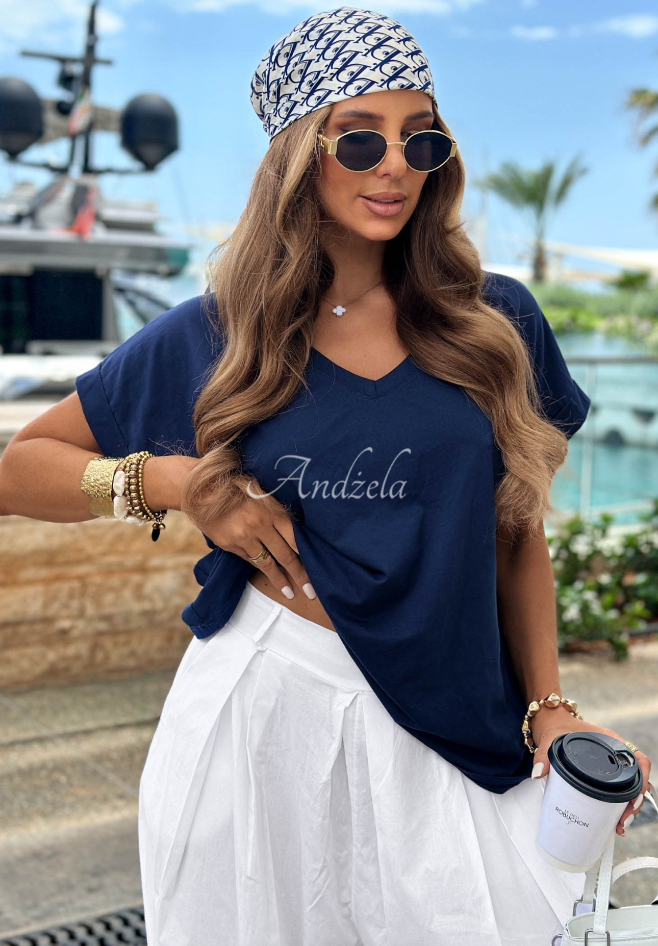 Tricou din bumbac cu decolteu în V Sea Sailing