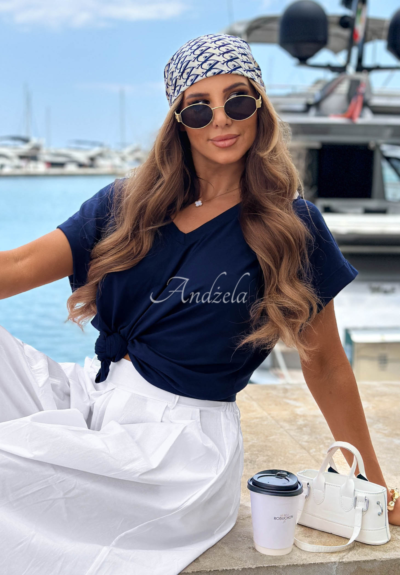 Tricou din bumbac cu decolteu în V Sea Sailing