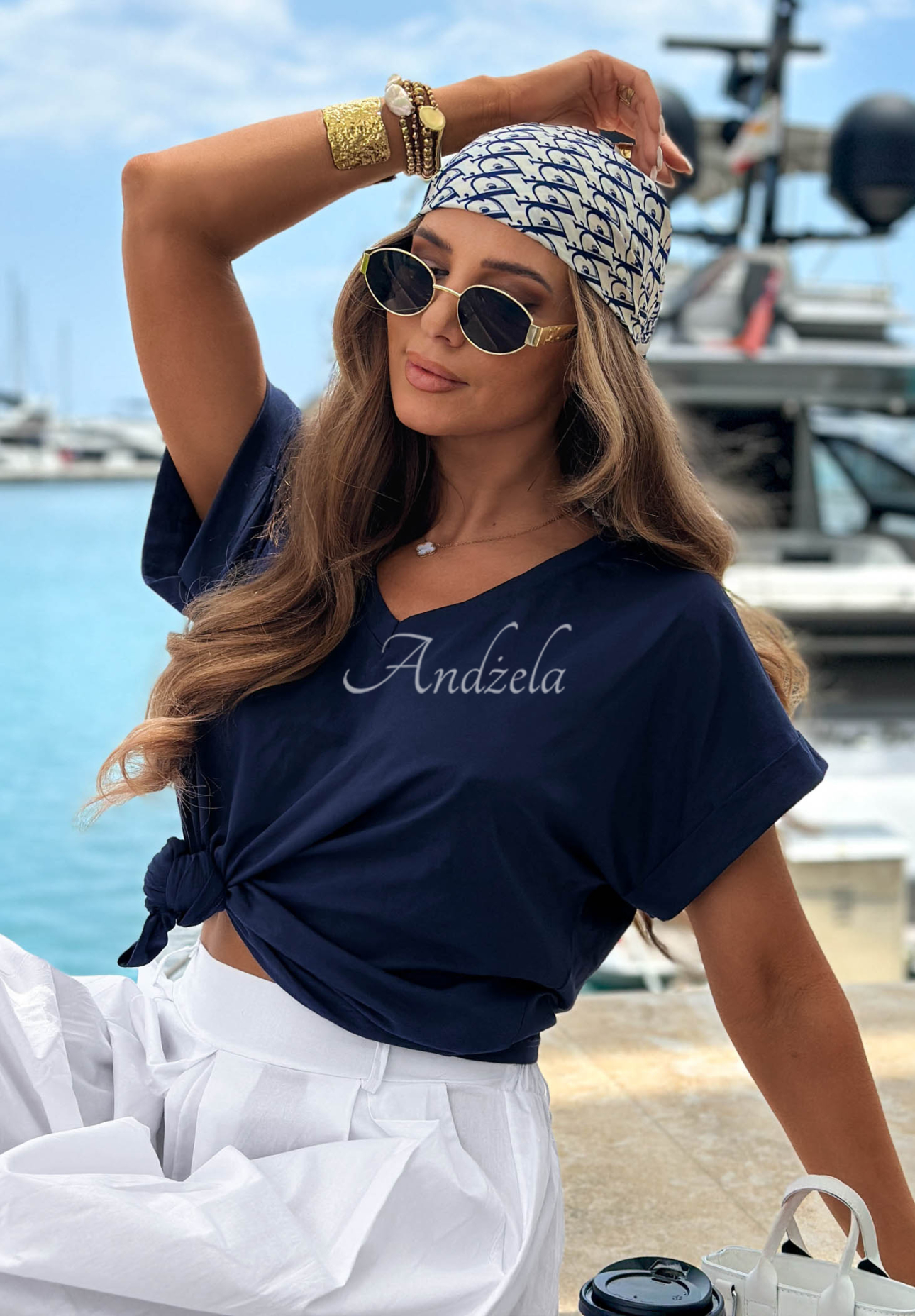 Tricou din bumbac cu decolteu în V Sea Sailing