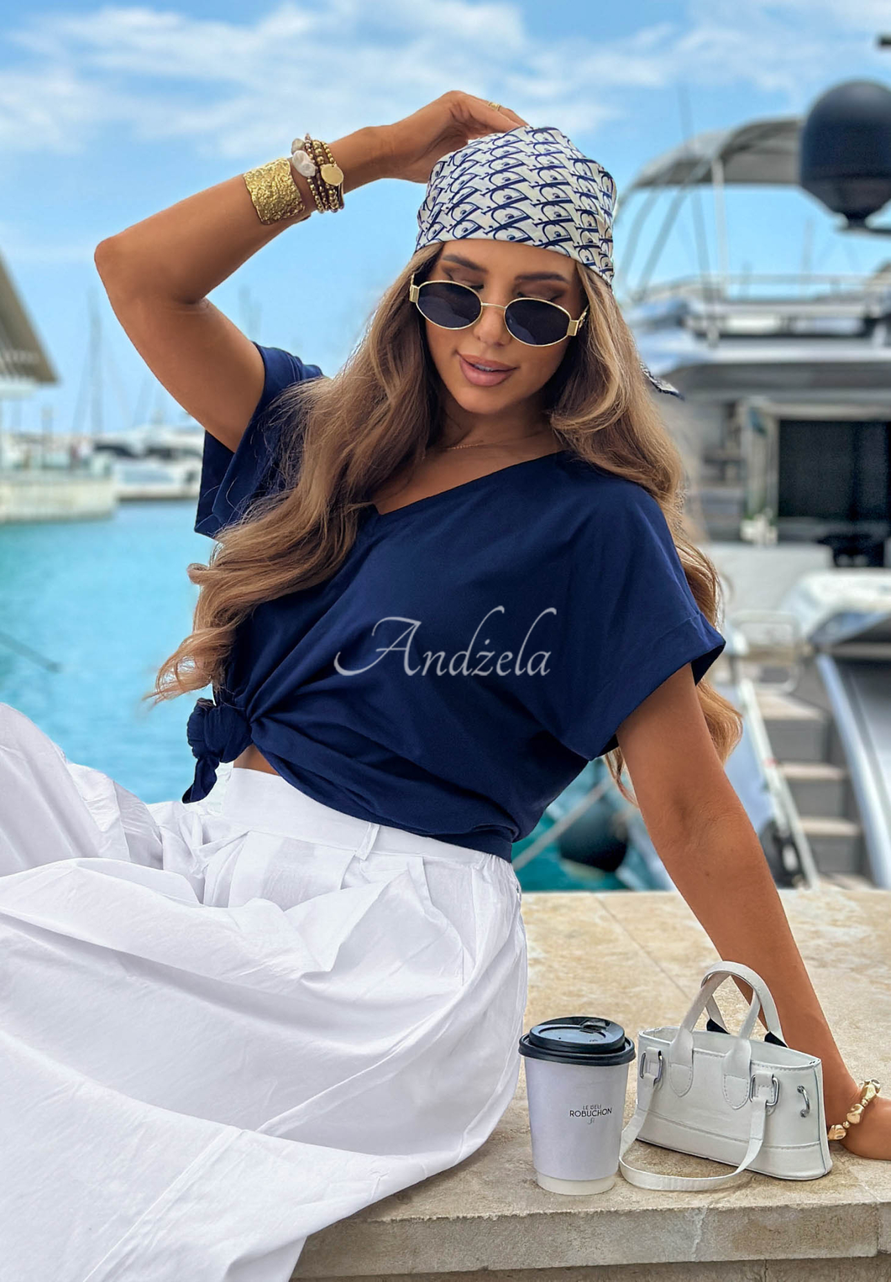 Tricou din bumbac cu decolteu în V Sea Sailing