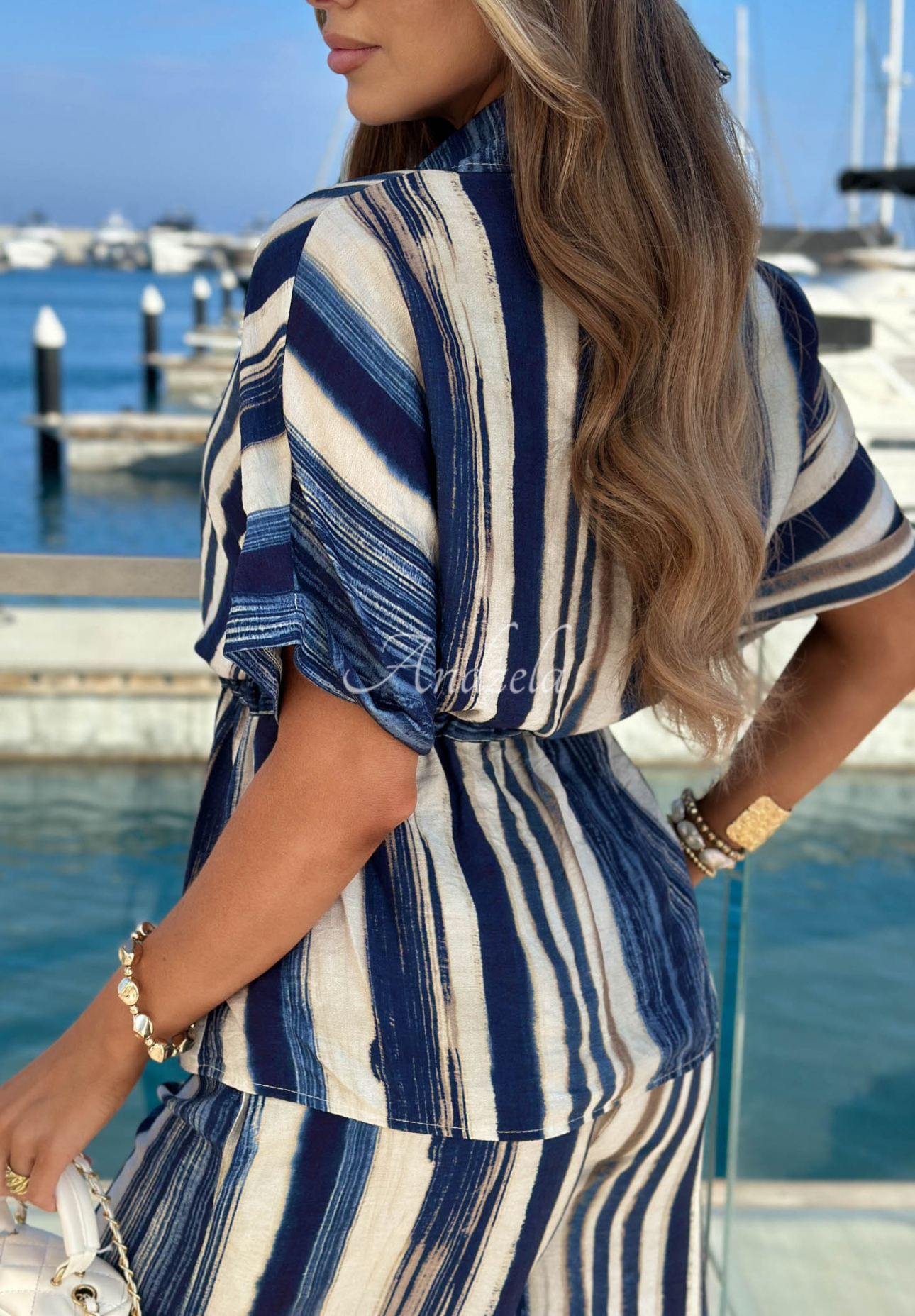 Set din viscoză cu cămașă și pantaloni wide leg în dungi Trinidad Sun
