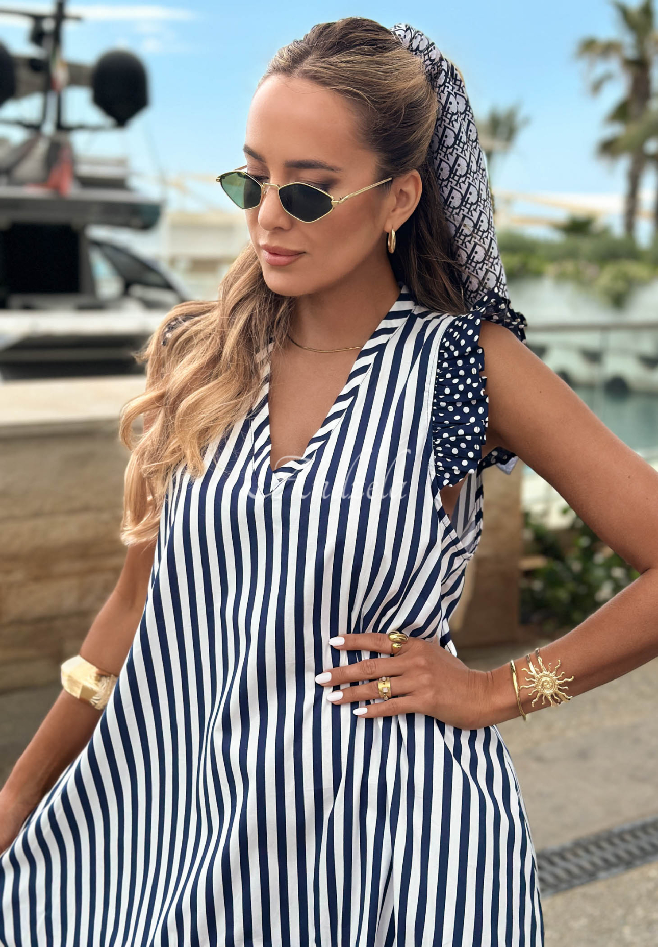 Rochie din bumbac cu dungi, buline și volănașe Blue Pearl