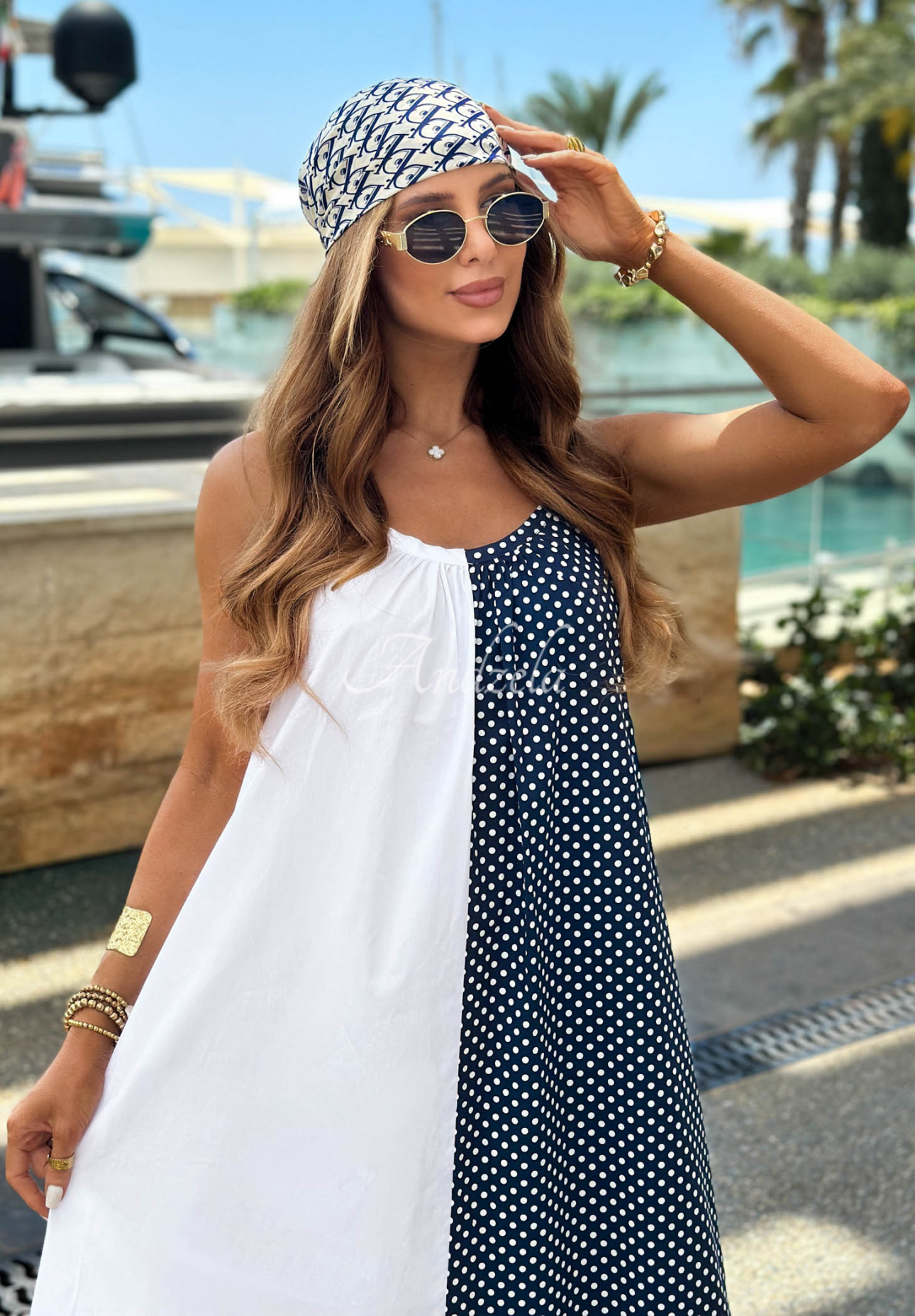 Rochie din bumbac cu bretele, dungi și buline Blue Pearl