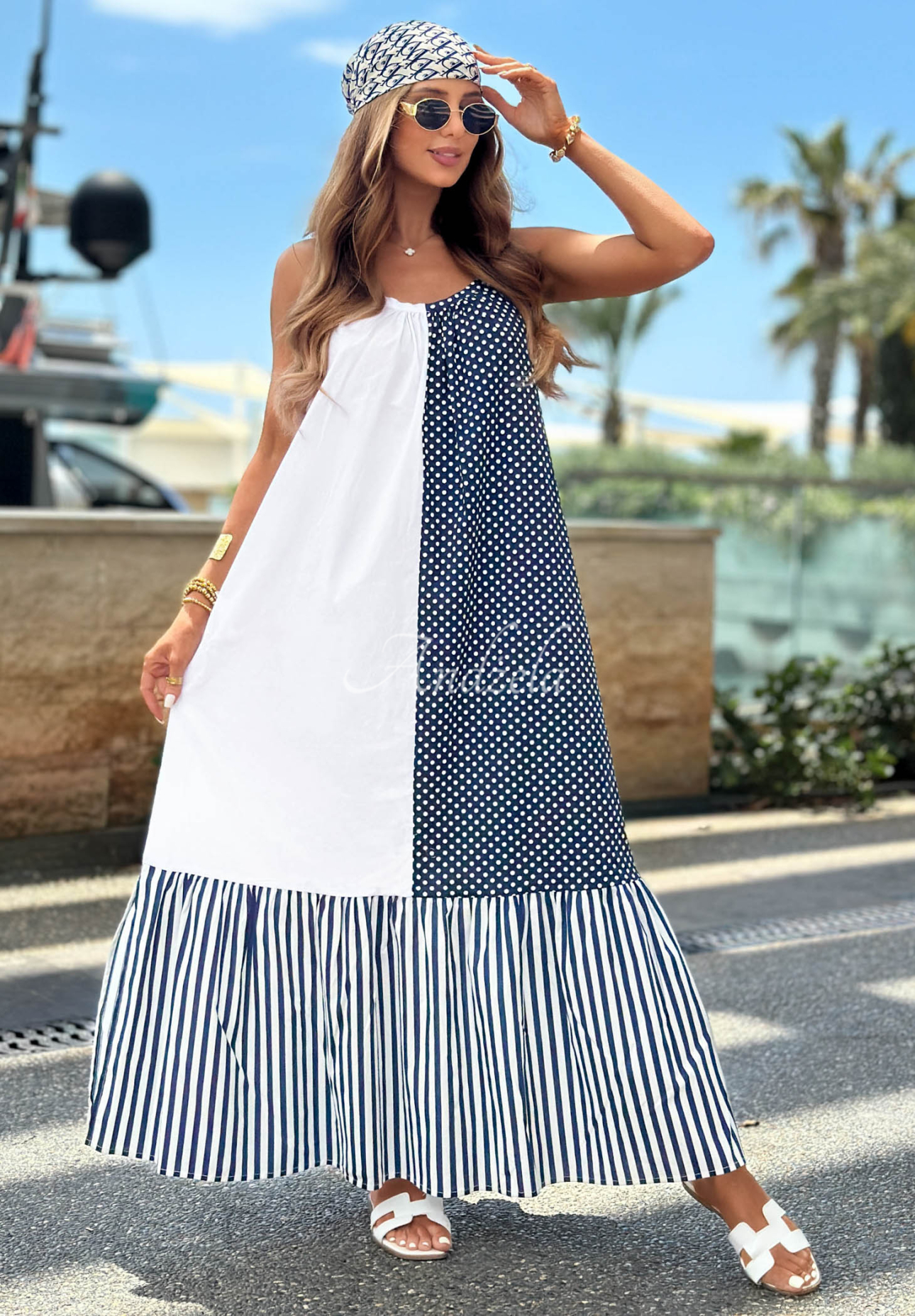 Rochie din bumbac cu bretele, dungi și buline Blue Pearl