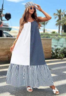Rochie din bumbac cu bretele, dungi și buline Blue Pearl