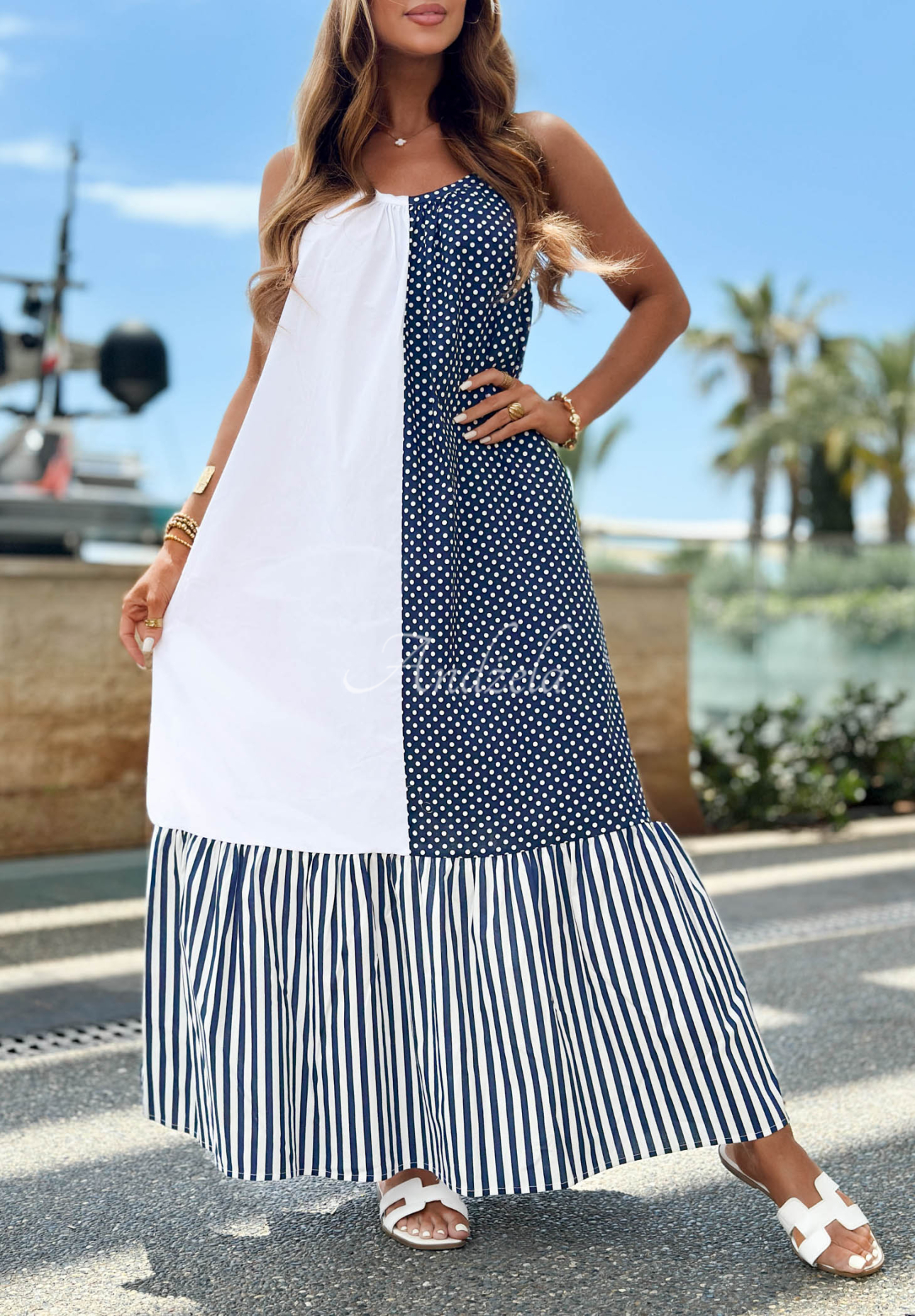 Rochie din bumbac cu bretele, dungi și buline Blue Pearl