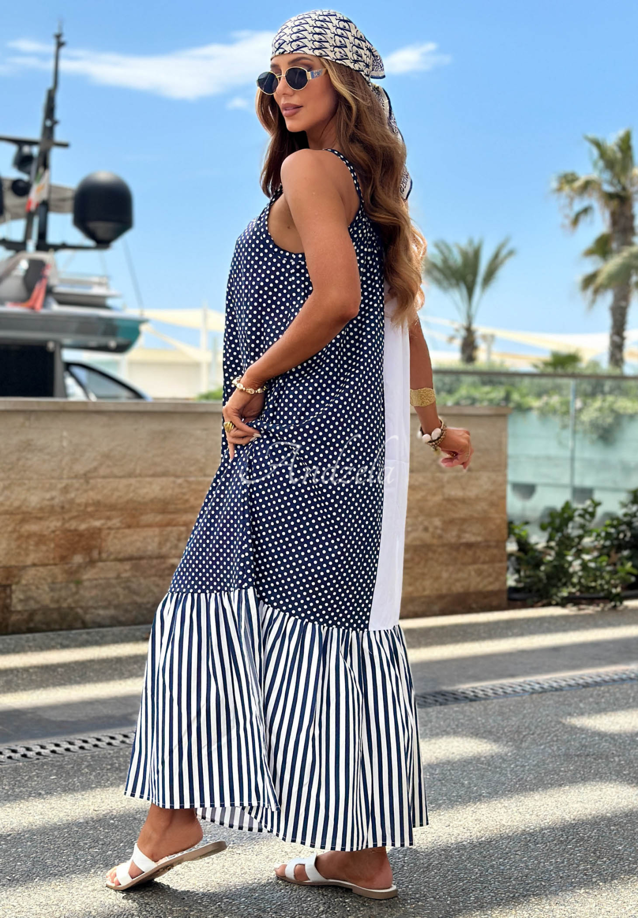 Rochie din bumbac cu bretele, dungi și buline Blue Pearl