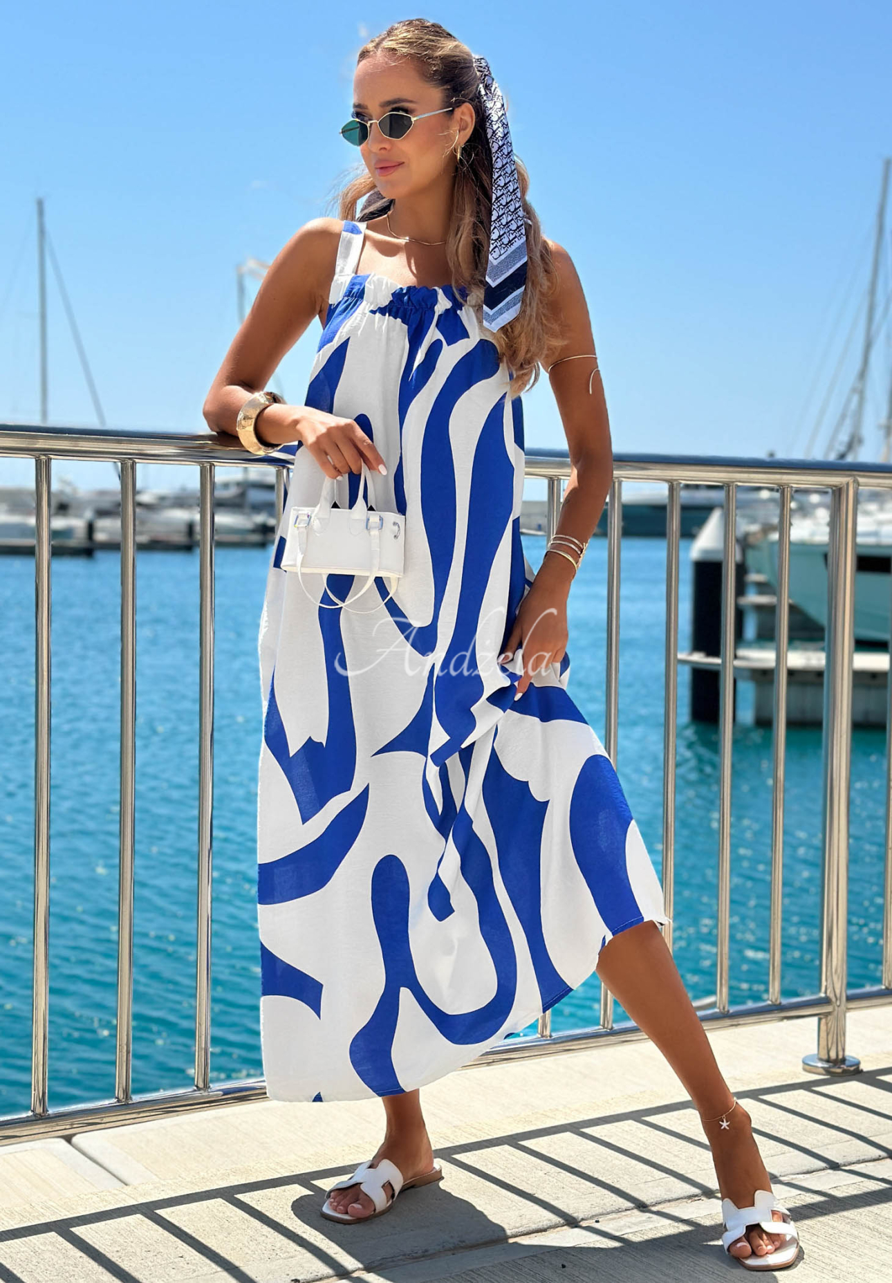 Rochie maxi din viscoză cu bretele și imprimeu Yacht Club