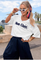 Tricou z napisem Mon Cheri Paris biało-bluemarin