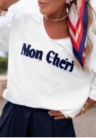 Tricou z napisem Mon Cheri Paris biało-bluemarin