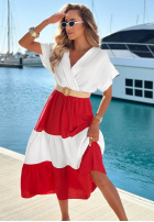 Kolorowa Rochie midi z paskiem Ocean Dream biało-ciocolatie
