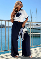 Compleu Tricou z nadrukiem i din material textil Pantaloni wide leg Sea Poppy biało-bluemarin