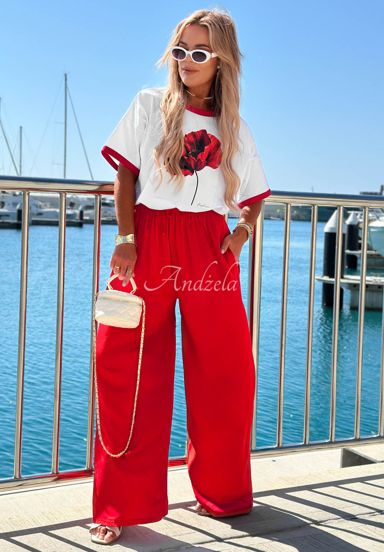 Pantaloni satinați wide leg din viscoză Sea Poppy