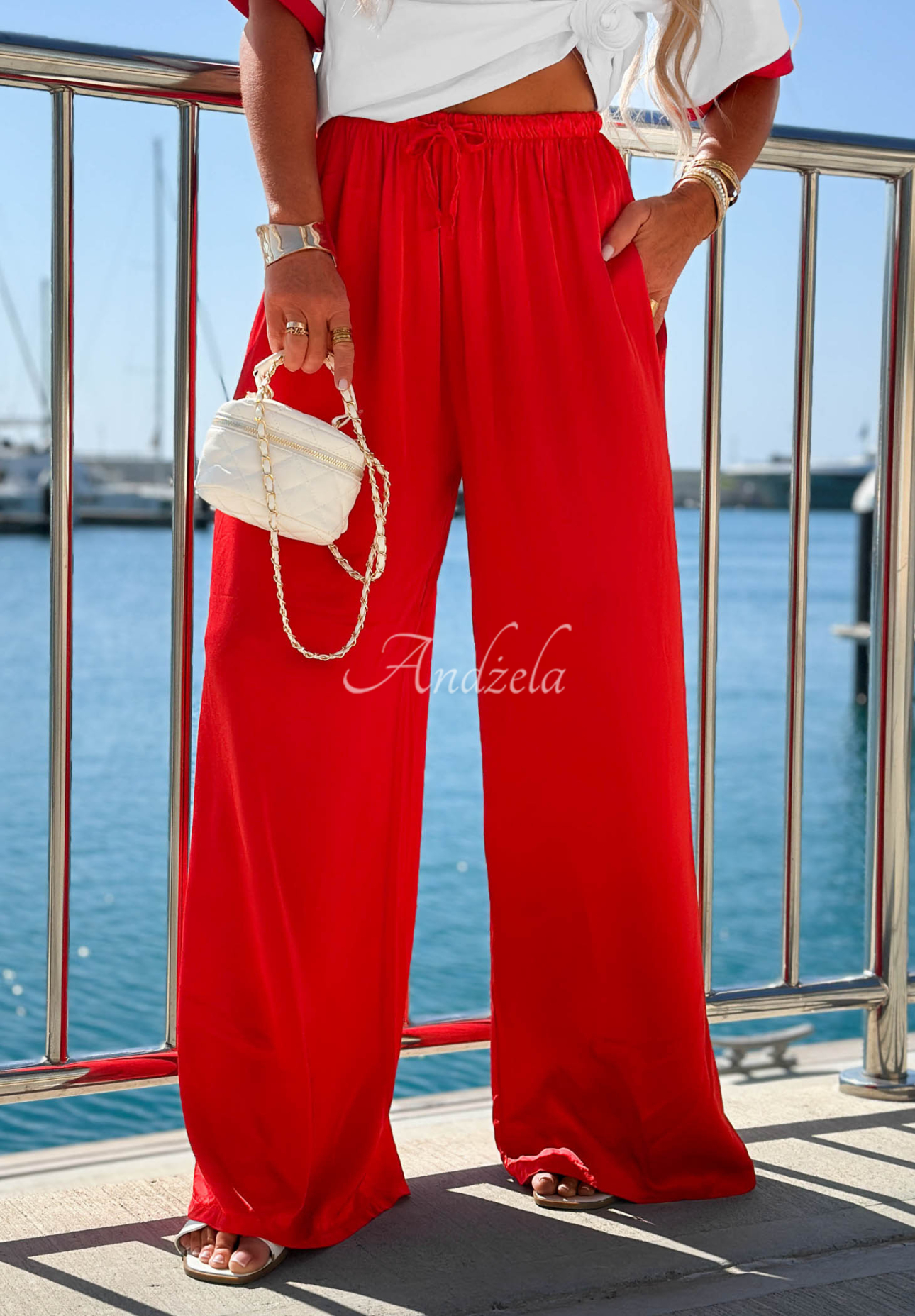 Pantaloni satinați wide leg din viscoză Sea Poppy