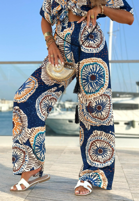 Pantaloni satinați wide leg cu imprimeuri Ocean Fresco