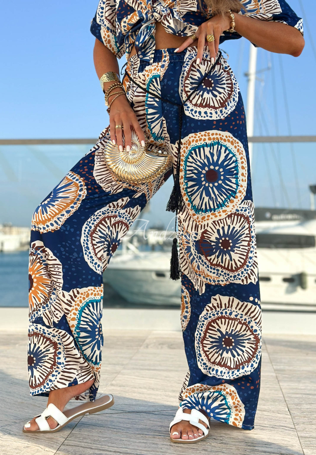 Pantaloni satinați wide leg cu imprimeuri Ocean Fresco