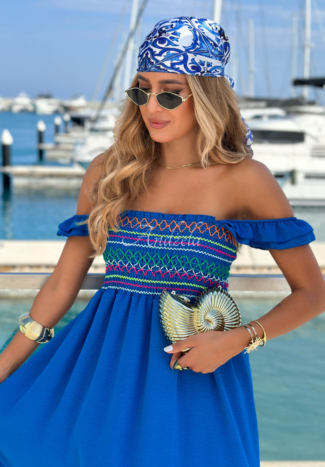 Rochie din viscoză cu broderie, bretele și volănașe Paradise Sunrise