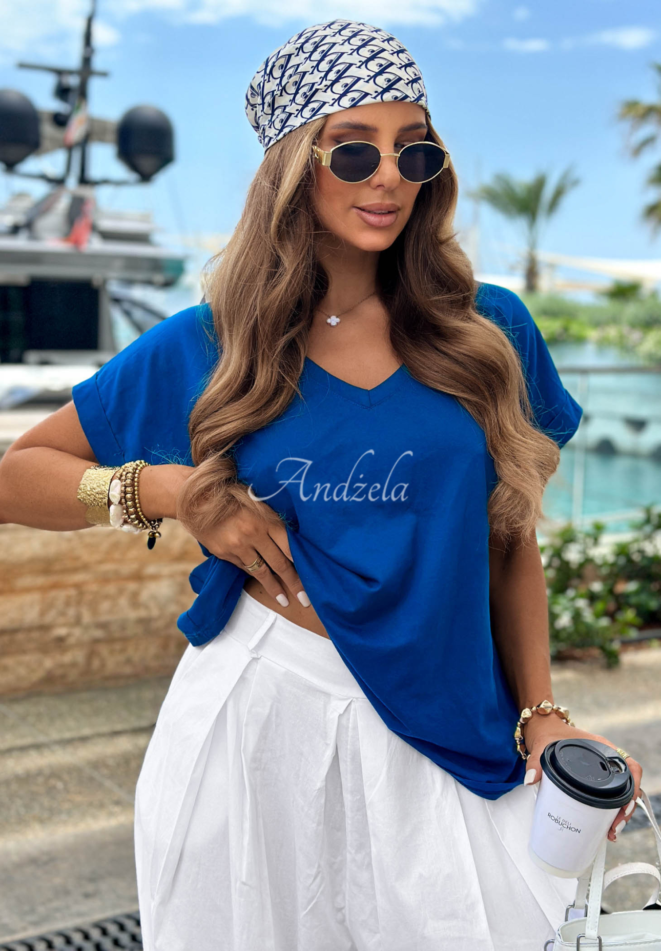Tricou din bumbac cu decolteu în V Sea Sailing