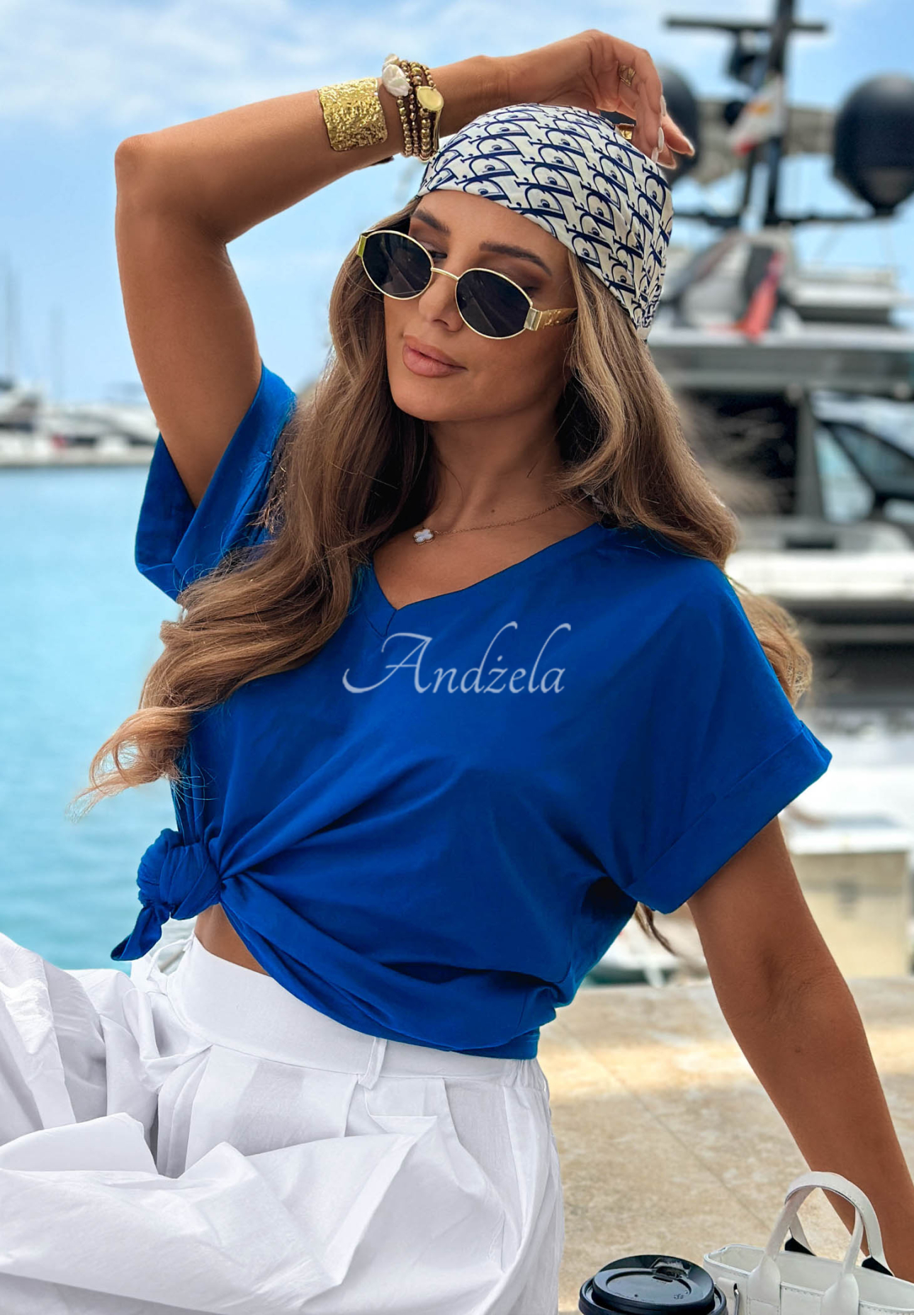 Tricou din bumbac cu decolteu în V Sea Sailing