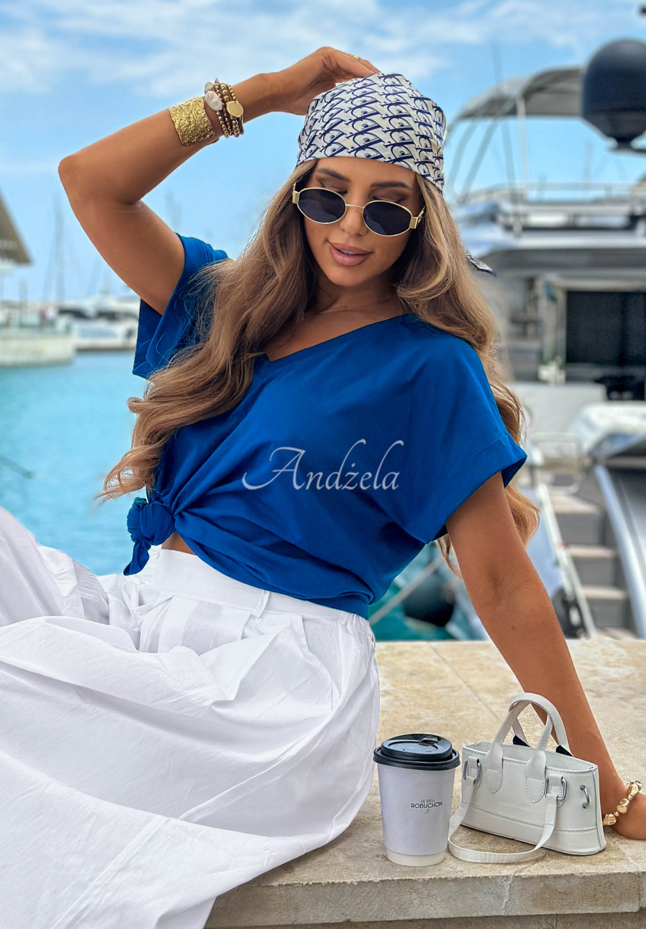 Tricou din bumbac cu decolteu în V Sea Sailing