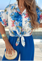Compleu kwiecista Cămașă i Pantaloni wide leg Flora Breeze biało-albastru