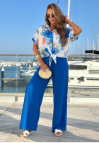 Compleu kwiecista Cămașă i Pantaloni wide leg Flora Breeze biało-albastru