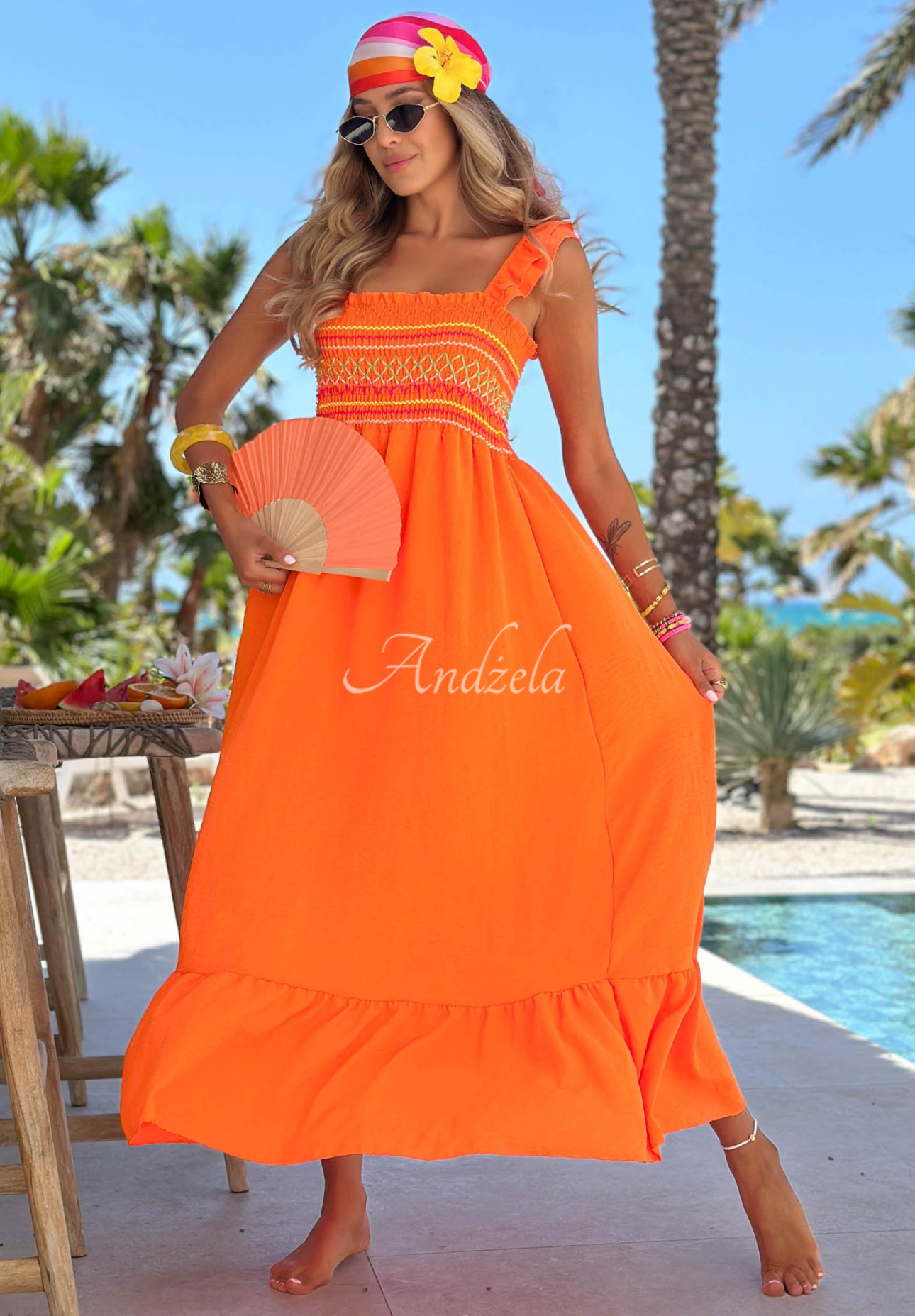 Rochie din viscoză cu broderie, bretele și volănașe Paradise Sunrise