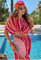 Compleu Tricou i Pantaloni wide leg w kolorowe paski Water Rainbow pomarańczowo-roz
