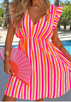 Rochie mini w paski z falbankami Summer Candy pomarańczowo-roz