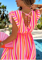 Rochie mini w paski z falbankami Summer Candy pomarańczowo-roz
