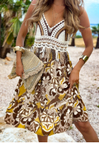 Wzorzysta Rochie na ramiączkach z ażurową górą Oahu Island ciocolatie