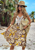 Wzorzysta Rochie na ramiączkach z ażurową górą Oahu Island ciocolatie