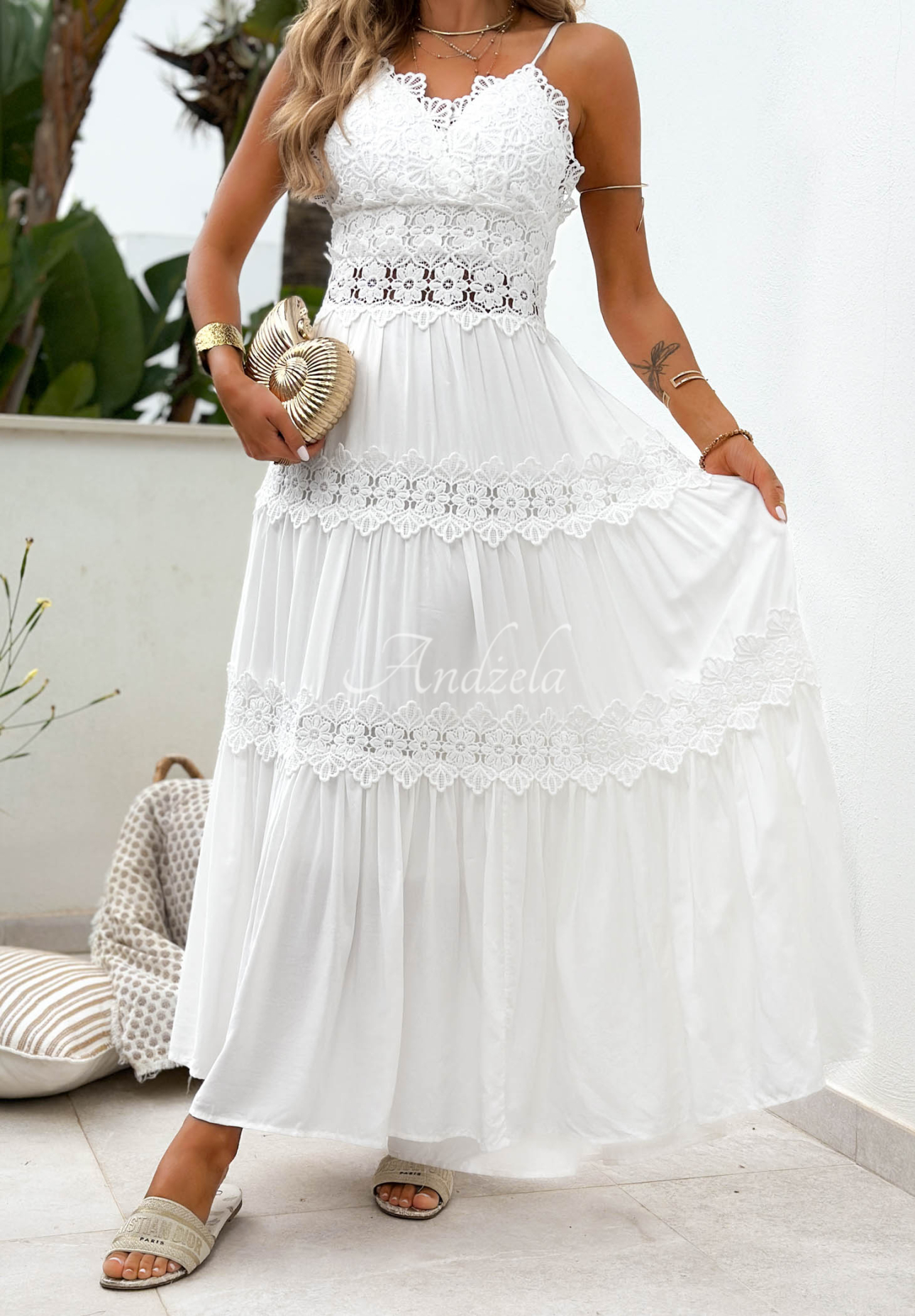 Rochie maxi din viscoză pe bretele cu dantelă boho Sun Sorella