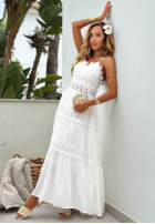 Rochie maxi na ramiączkach z koronką boho Sun Sorella albă