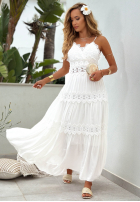 Rochie maxi na ramiączkach z koronką boho Sun Sorella albă